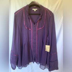 Coldwater Creek Purple Sheer Top with Decor and Lining, 3X